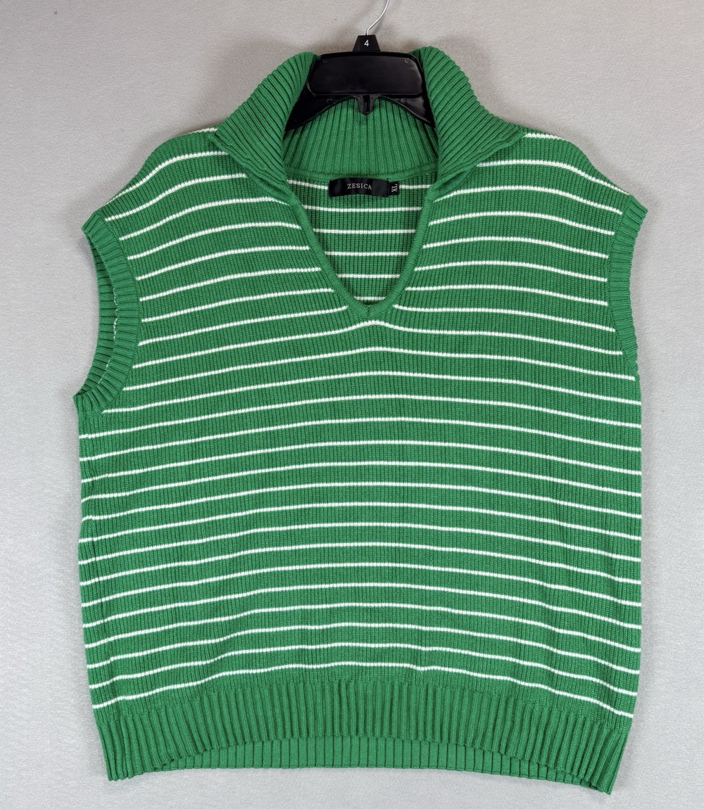 Zesica Women's XL Green White Striped Collared Sweater Vest